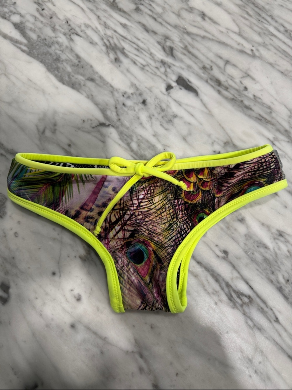 Peacock-Print Bikini Bottom with Neon Yellow Trim - Women